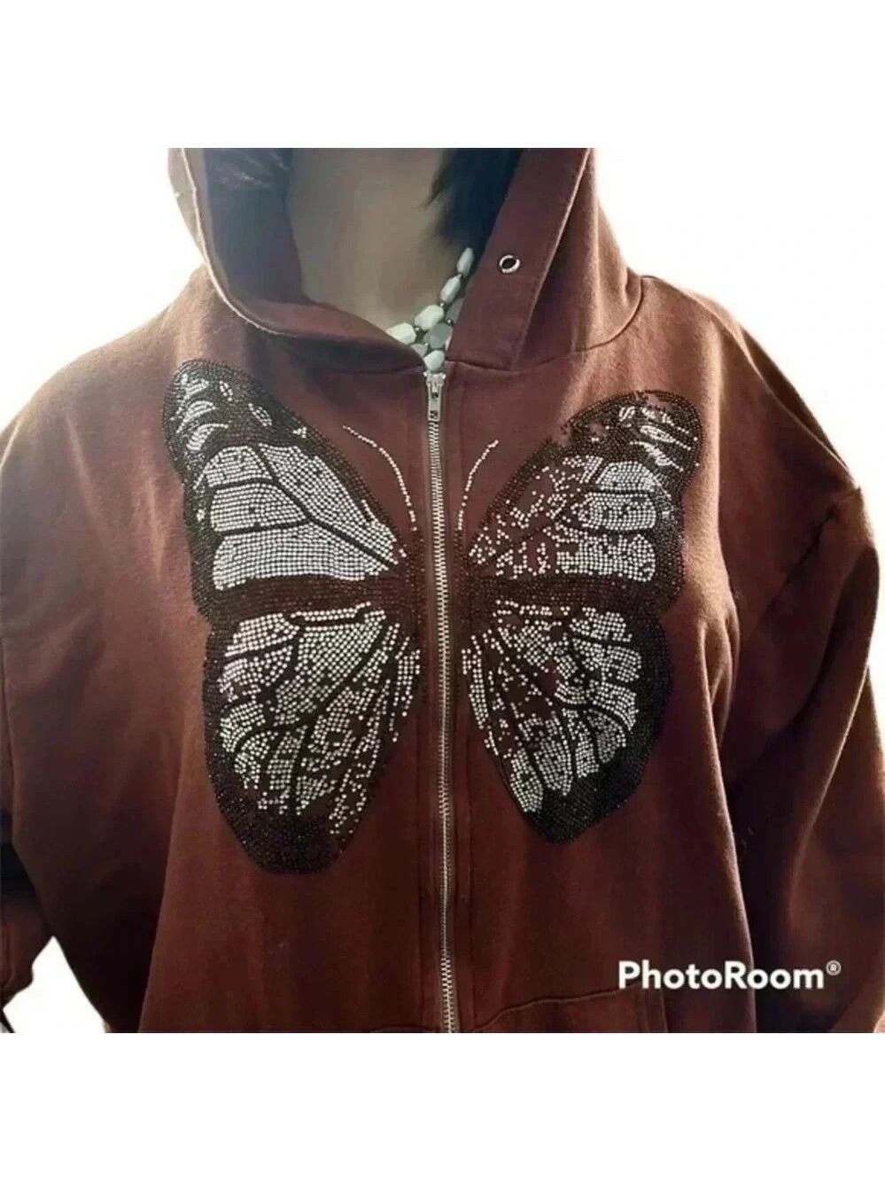 Butterfly rhinestones women’s full zip bling hoodie jacket Size Med - Picture 4 of 15